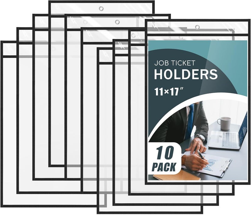 Feifeiya 10 Pack 11 x 17 Inch Job Ticket Holders, Dry Erase Pockets, Clear Paper Sleeves, Shop Ticket Holders, Writable and Erasable Document Cover, Transparent Pocket Cover(Black) - Image 1